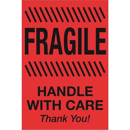 Bondad 2 x 3 in. - Fragile - Handle with Care Fluorescent Red Labels - Roll of 500 BO3360950